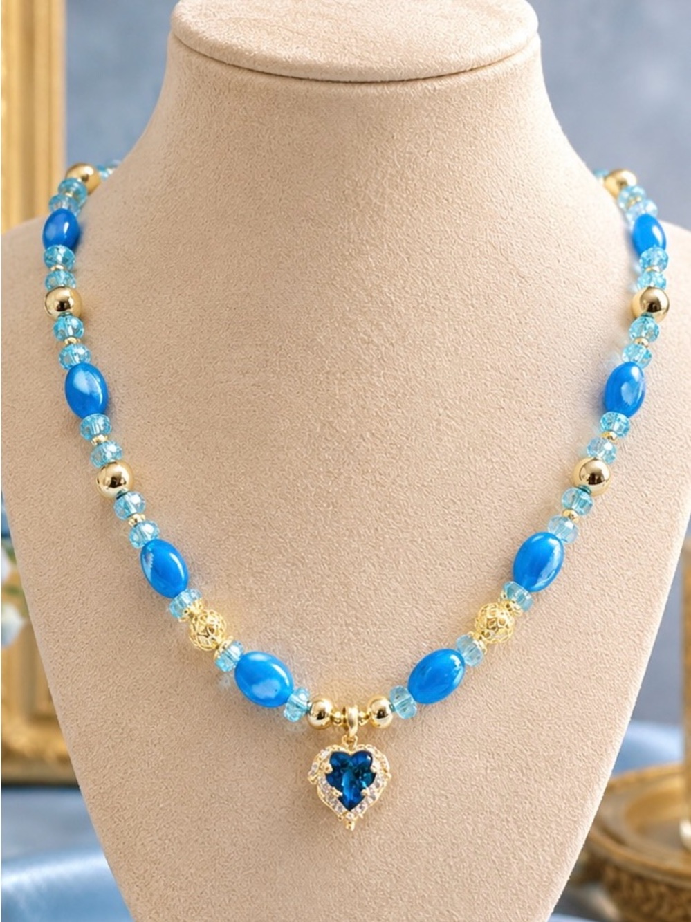 Handmade Winged Blue Crystal Heart Pendant
Beaded Necklace